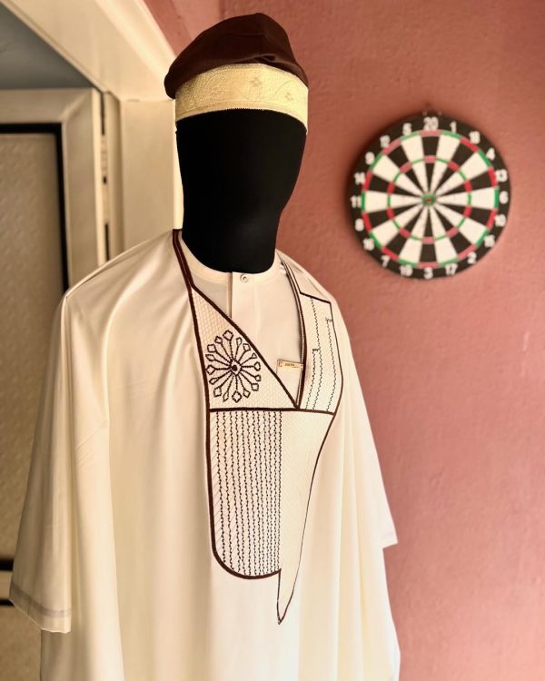 .Off-White Agbada with Brown Embroidery & Fila – Soft Power, Earth-Toned Elegance