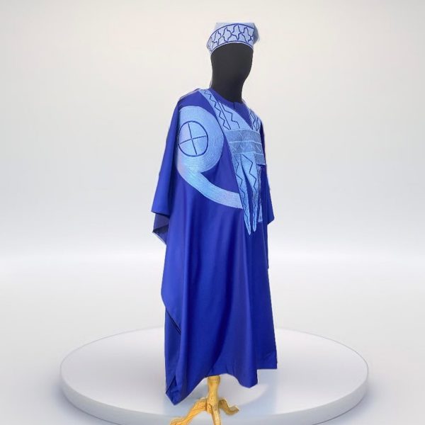 Royal Blue Agbada with Sky Blue Embroidery & Matching Fila – Dressed in Power, Detailed with Grace